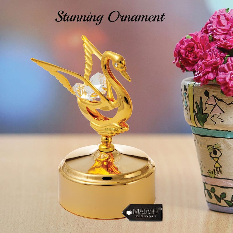 Matashi 24K Gold Plated Music Box with Crystal Studded Swan Figurine, Swan Lake