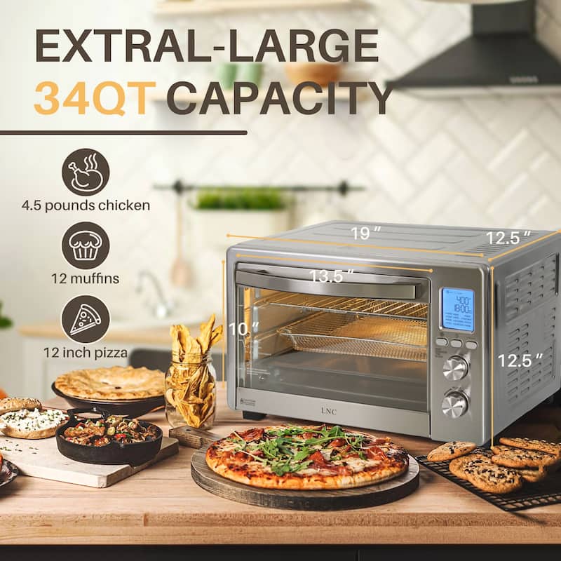 LNC 12-In-1 Large 34QT Countertop Toaster Oven Convection Rotisserie Air Fryer - 19.5" L x 15" W x 12.5" H
