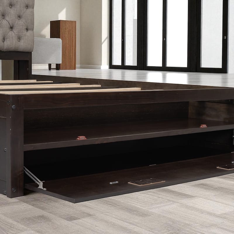 Queen Size Wooden Platform Bed with Upholstered Headboard, 4 Drawers, Storage Shelves & Shoe Rack