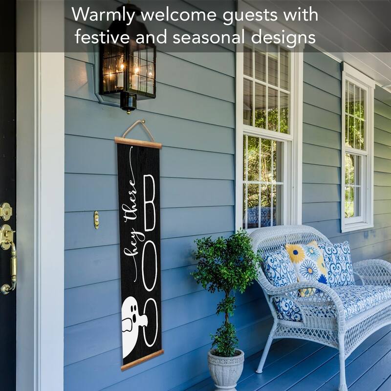 Hey Boo Welcome Indoor/Outdoor Vinyl Hanging Entryway Sign Made in the USA Reusable Easy Wipes Clean Easy Storage