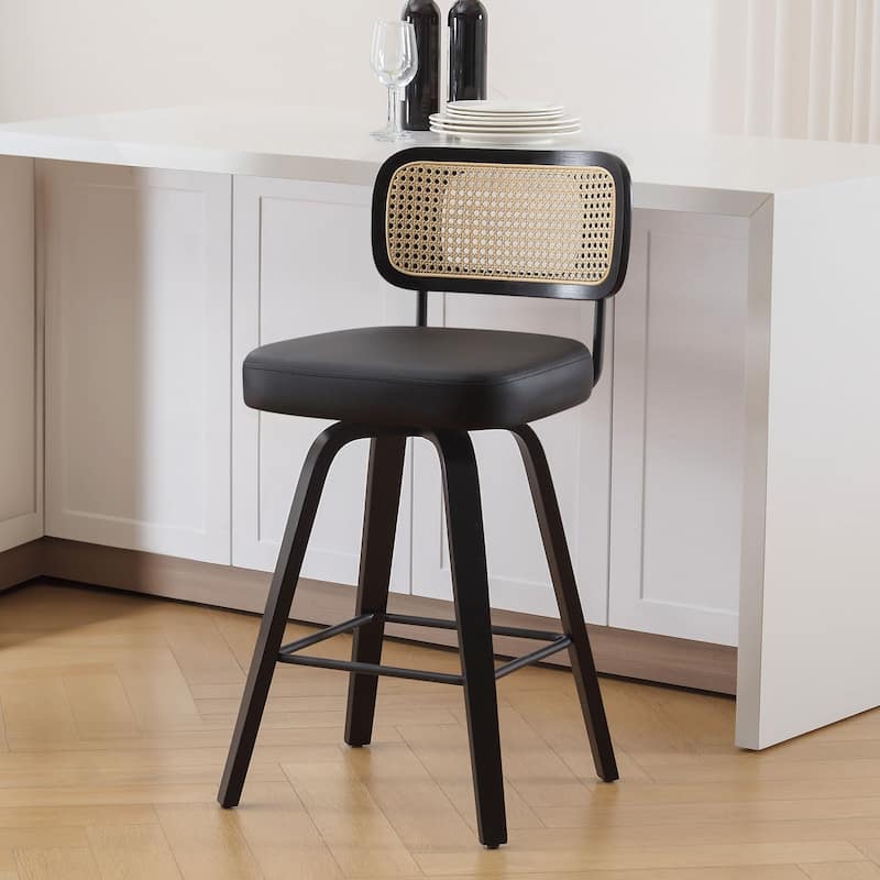 26"/29" Swivel Counter/Bar Stools with Black Bentwood Legs - Single - Black-Rattan Back - Counter Height