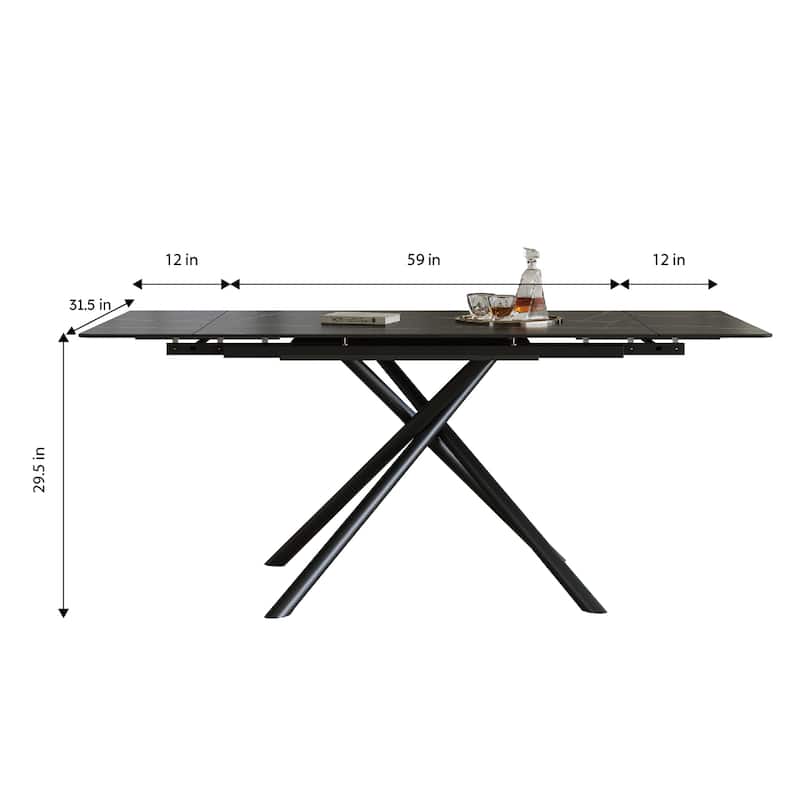 Retractable Sintered Stone Dining Table, Modern Rectangular Design, with Black Carbon Steel Legs at the Bottom