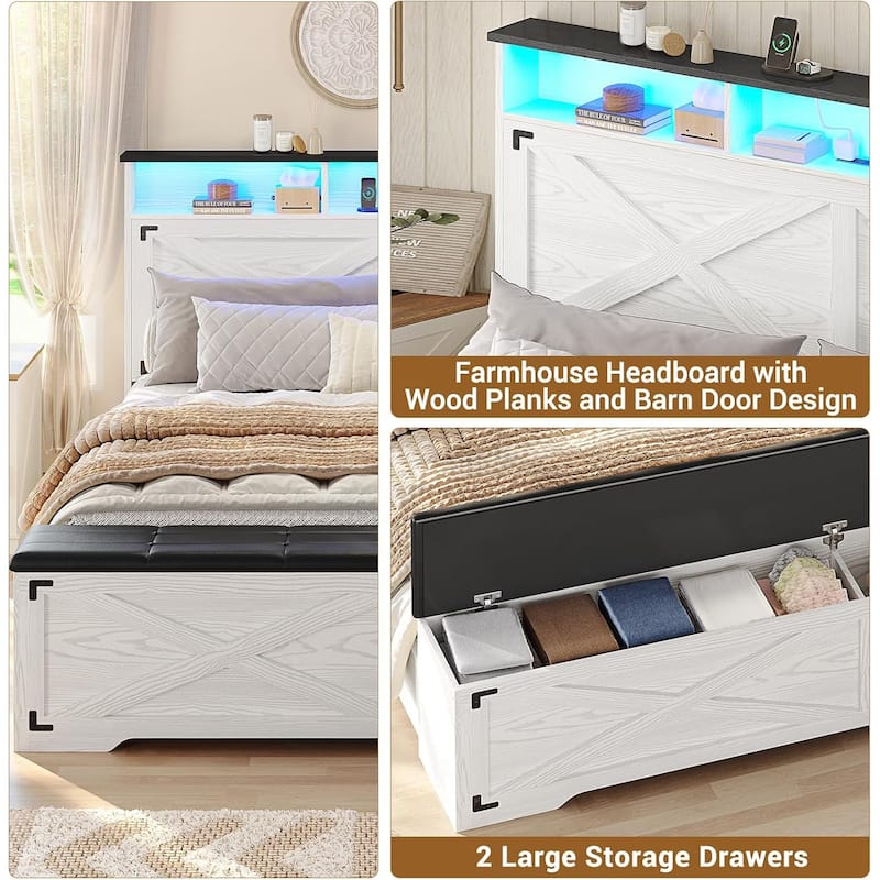 Bed Frame with Storage Ottoman Charging Station and Led Light