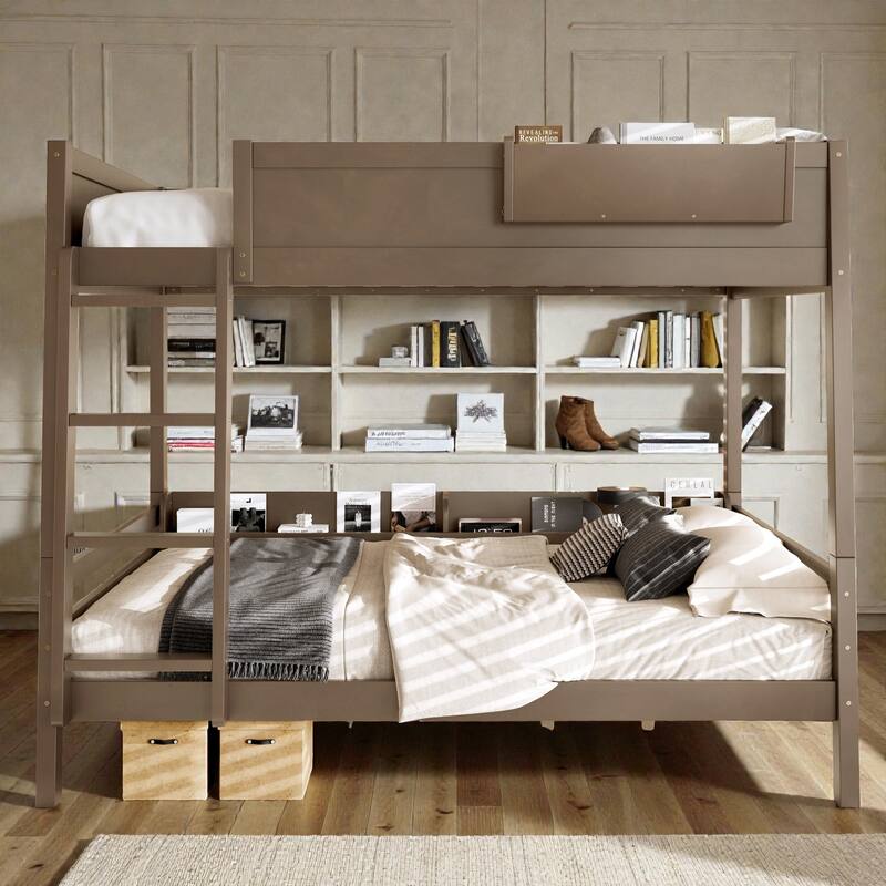 Wooden Bunk Bed Frame with Built-In Storage Shelves, Convertible to Two Beds, No Box Spring Needed - Brown - Queen