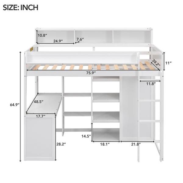 dimension image slide 0 of 2, Elegant Sturdy Wood Twin Loft bed with Multiple Storage Shelves and Wardrobe, Built-in desk and Full-length Guardrails, Gray