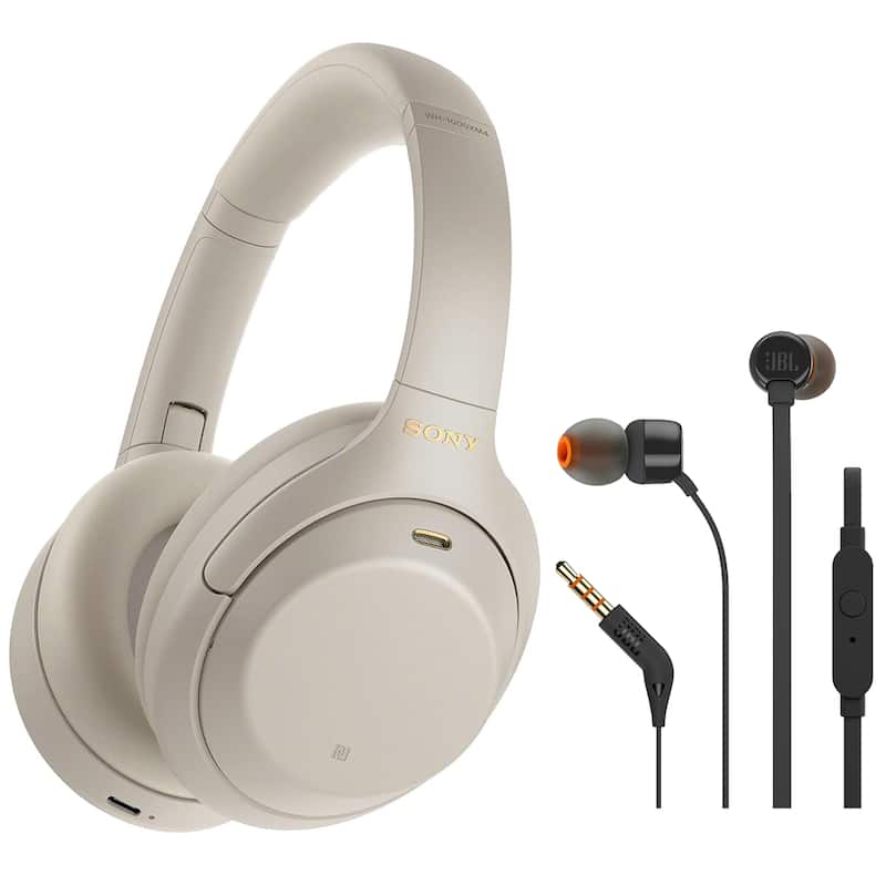Sony WH-1000XM4 Wireless Noise Canceling Headphones with Google Assistant and Alexa - Silver + JBL T110 in Ear Headphones Black - Silver