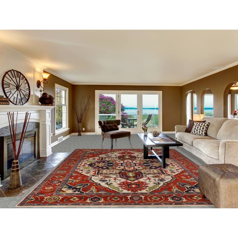 Ivory & Orange Heriz Serapi Indian Area Rug Handmade Wool Carpet - 8'11"x 11'9"