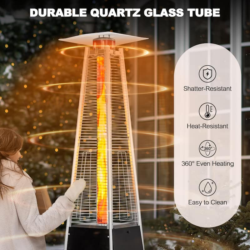 Outdoor 48,000 BTU Pyramid Propane Gas Patio Heater with Wheels, Glass Tube, Black