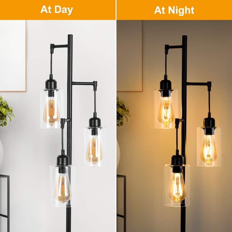 Tree Floor Lamp with 3 Hanging Bubble Glass Shade - Black