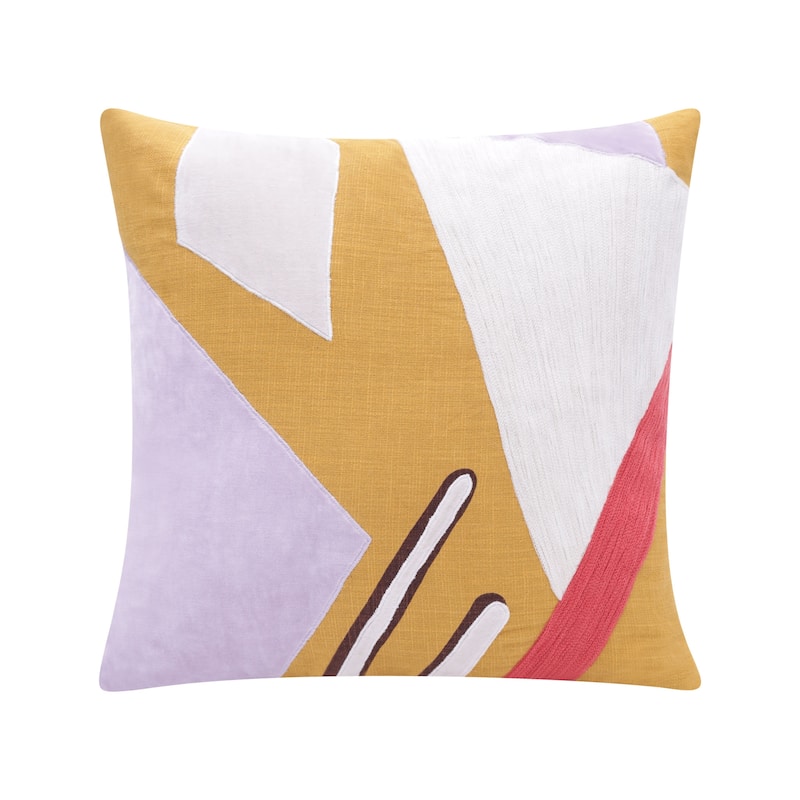 HomeRoots 20" X 20" Yellow Purple Off-White And Coral 100% Cotton Abstract Zippered Pillow