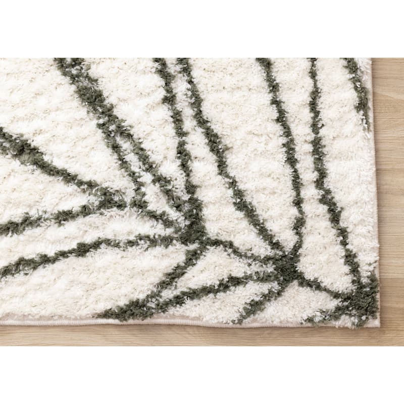 Cream Black Leaf Sketched Leaves Shag Area Rug, 3'11" x 5'7"