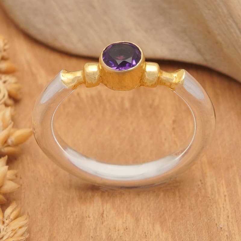Novica Handmade Majestic Purple Gold-Accented Amethyst Single Stone Ring