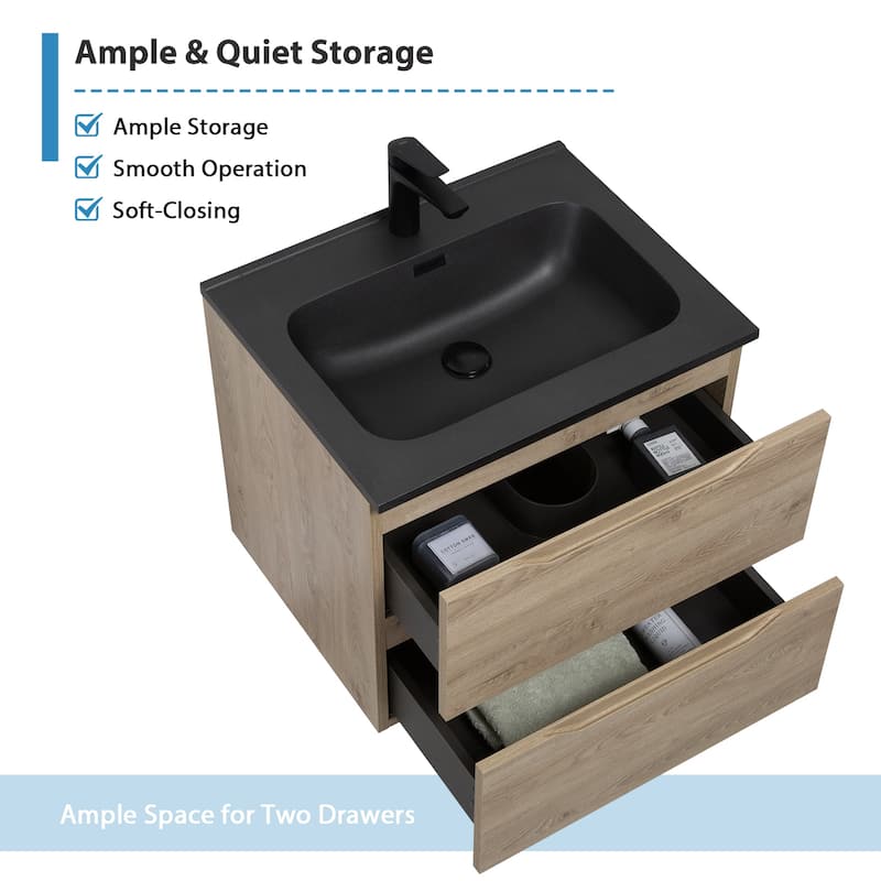 RupheonD 24"-48" Floating Bath Vanity in Evita Oak with Black Quartz Top