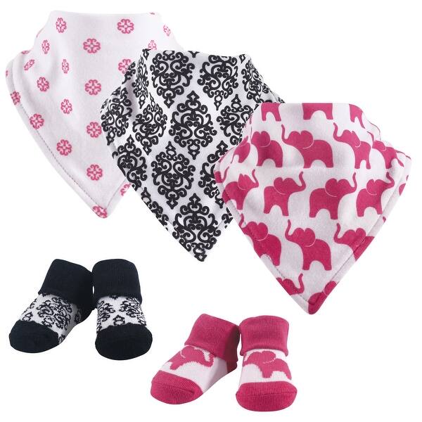slide 1 of 1, Yoga Sprout Baby Girl Cotton Bandana Bibs and Socks 5pk, Damask Elephant, One Size - Damask Elephant - One Size One Size - Damask Elephant