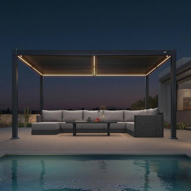 PURPLE LEAF Solar Louvered Pergola with LED String Lights Aluminum Outdoor Pergola with Adjustable Roof for Patio Garden - 10' x 14' - Grey（with light）