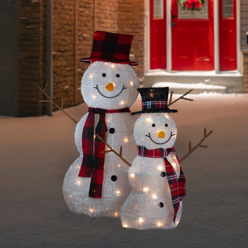 Set of 2 Lighted Tinsel Snowmen Family Christmas Yard Decorations - 39"