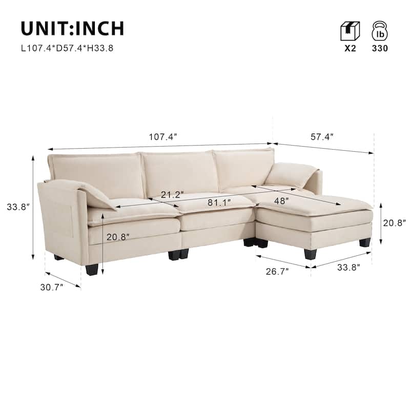L-Shaped Corduroy Corner Sofa with Storage Armrest Cushions, Modular Cloud Sofa, 3-Seat Sectional