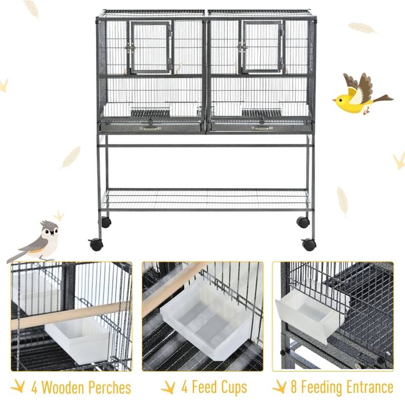 Large Metal Bird Cage with Wheels, Perches, and Food Containers - 37.5" L x 18" W x 40.25" H