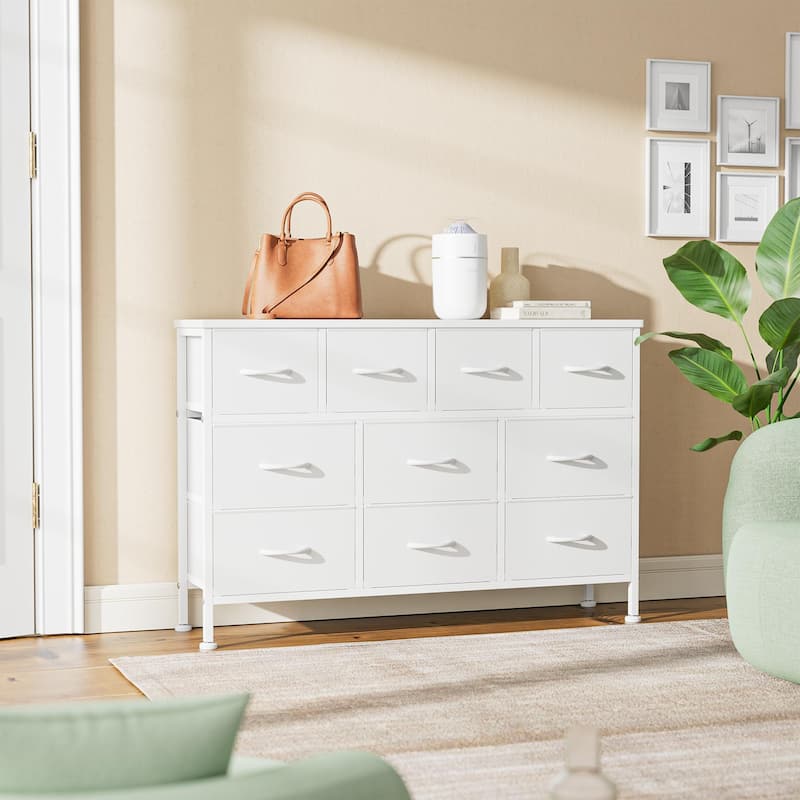 10 Drawer Dresser Fabric 43.3" TV Stand Power Outlet Chest of Drawers - White PU - 10-drawer
