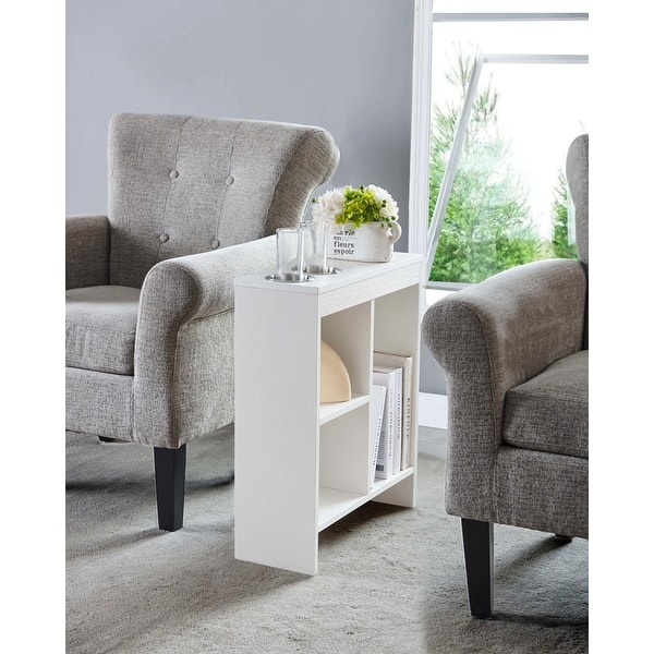Slim Side Sofa End Table with Drink Holders and Builtin Shelving