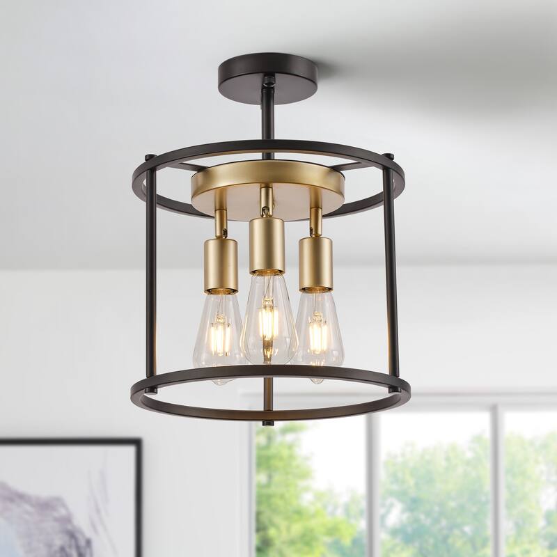 Starsky 3-Light 12inch Farmhouse Round Semi Flush Mount - Black&Gold - Black&Gold
