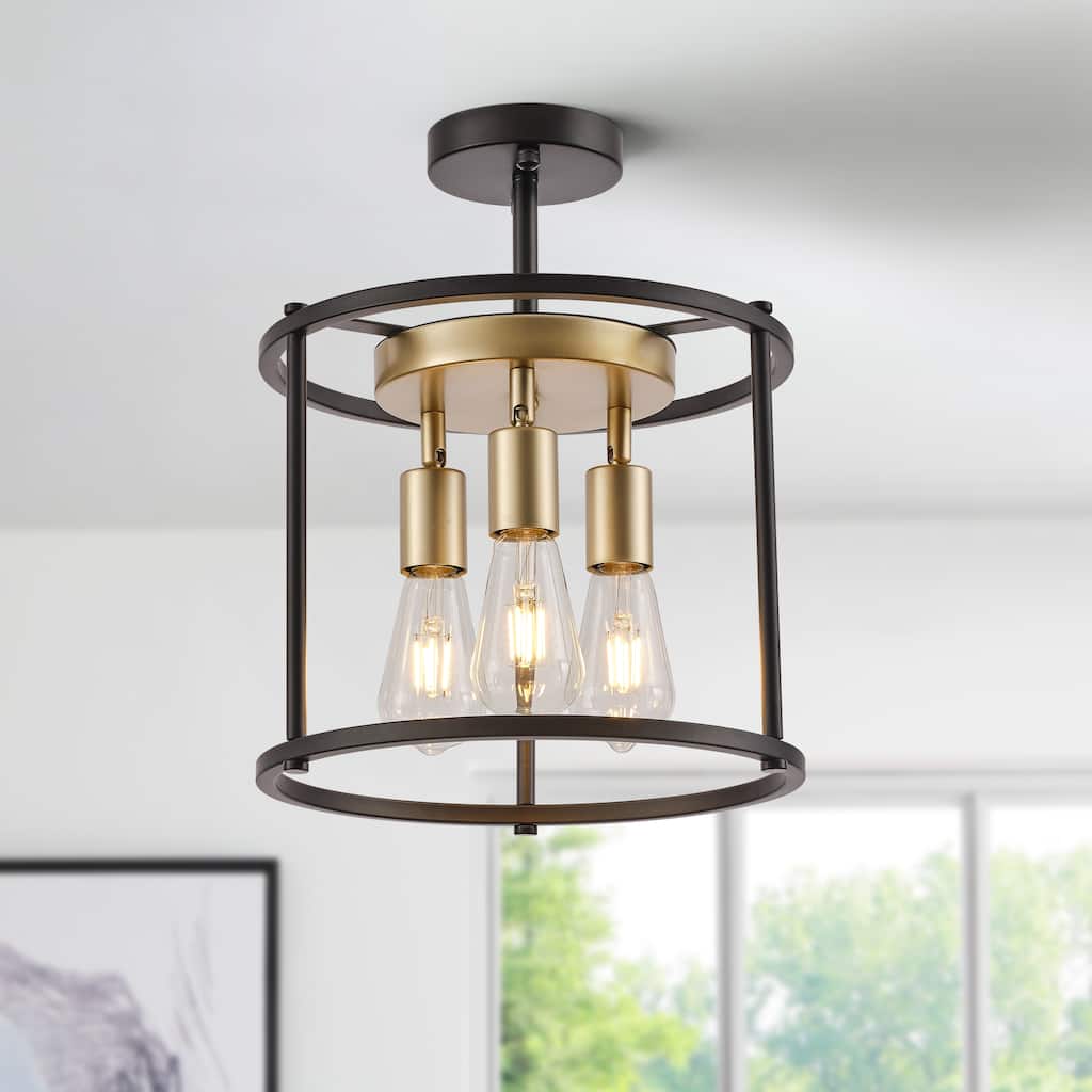Starsky 3-Light 12inch Farmhouse Round Semi Flush Mount - Black&Gold