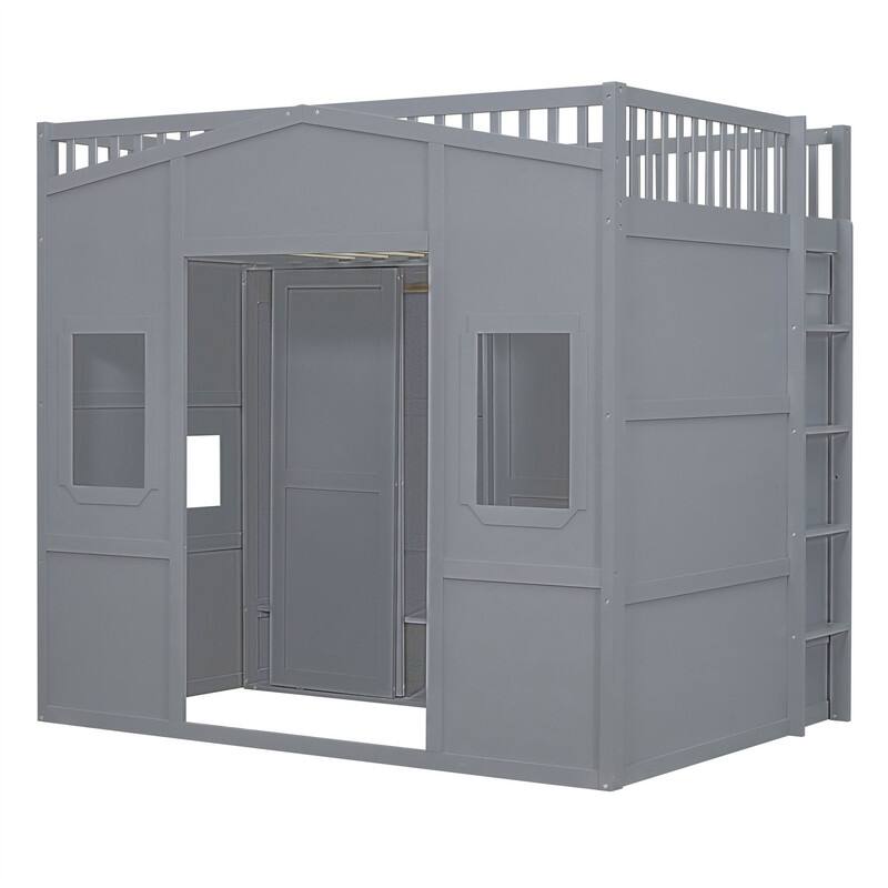 Solid Wood Loft Bed w/ Bulit-in Wardrobe, Hanging Rod & Storage Shelves, Twin/Full Size Playhouse Design Loft Bedframe w/ Window