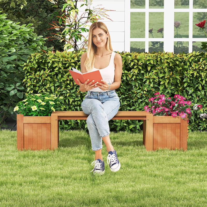 Hardwood Planter Box with Bench for Garden Yard Balcony - 68" x 16" x 18" (L x W x H)