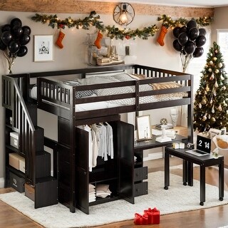 Loft Bed with Storage Bookshelf,Kids Bed with Desk & Wardrobe,Full Size,Espresso