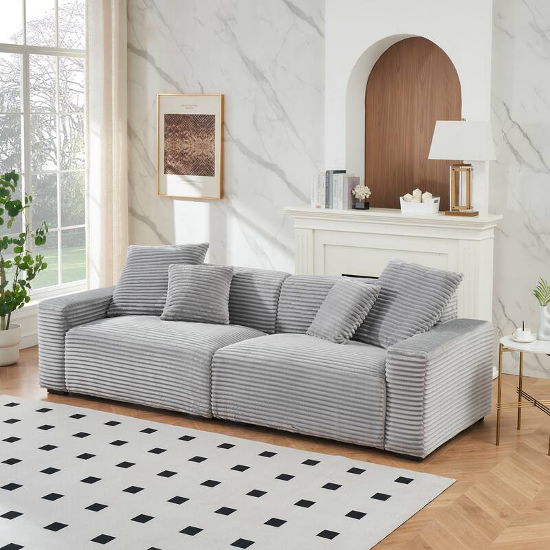 104.72-inch 4-seat Comfortable Corduroy Gray Sofa with 4 Throw Pillows