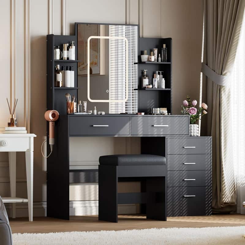 Makeup Vanity with Mirror, 6 Drawers, Shelves, Charging Ports, Hairdryer Holder, Stool - Black