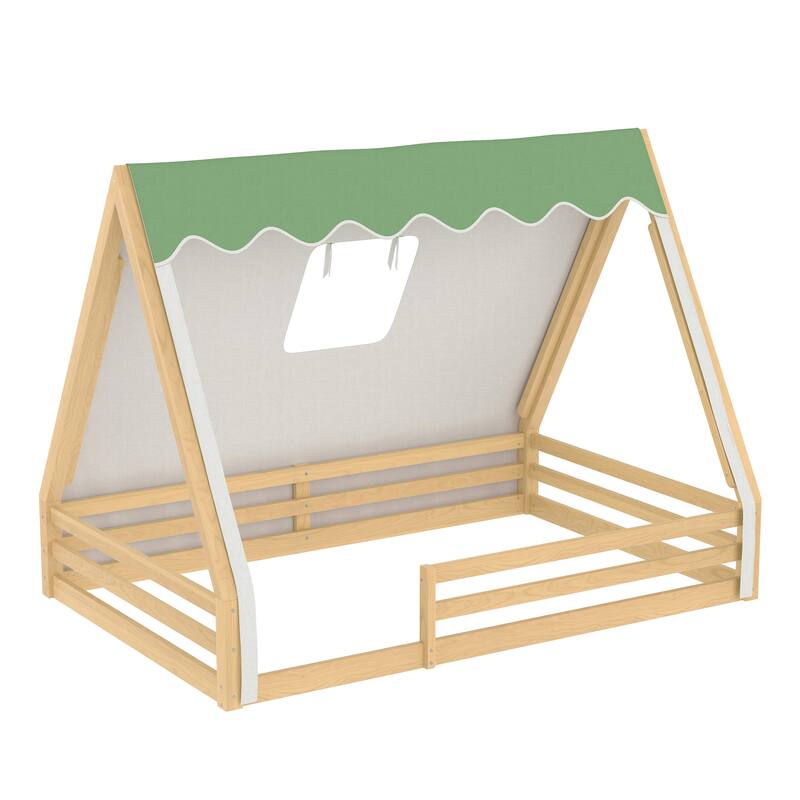 House Floor Bed with Tent and Light Montessori Kids Wood Bed Frame