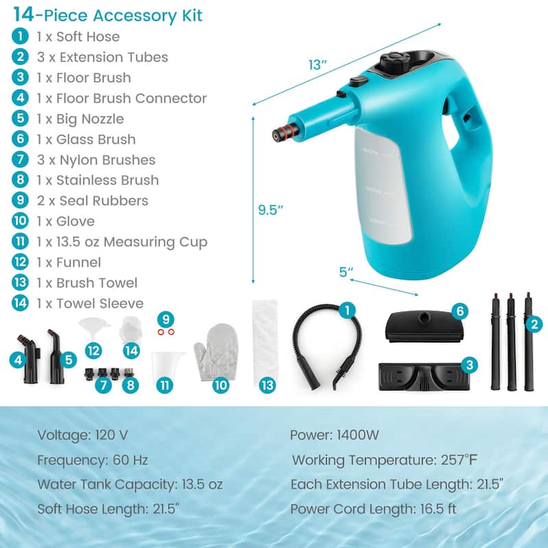 1400W Handheld Steam Cleaner with 14-Piece Accessory Kit and Child Lock - 13" x 5" x 9.5" (L x W x H)