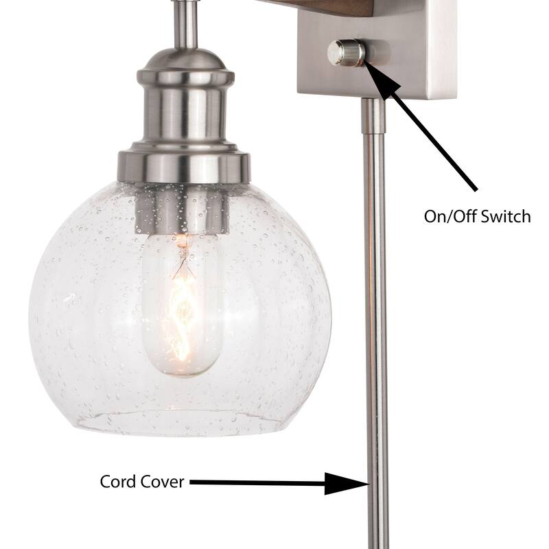 Avondale 6-in Satin Nickel and Wood Farmhouse Plug In Wall Sconce Reading Light, Clear Seed Glass Globe, On/Off Switch
