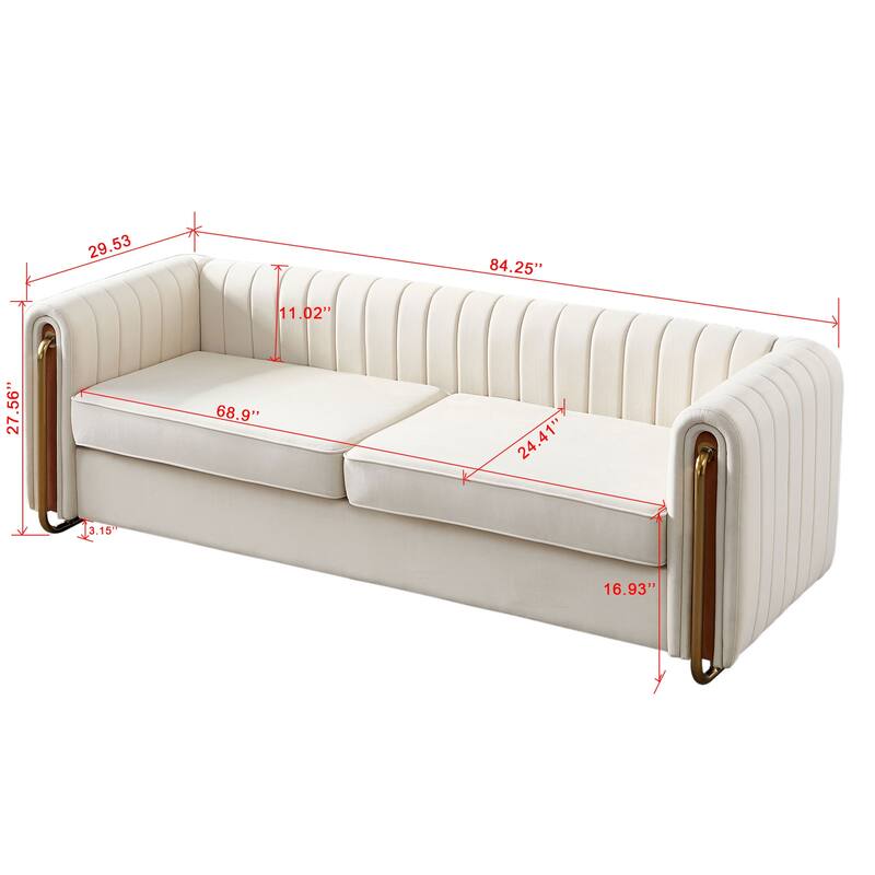 Modern Velvet Sofa with Channel Tufting & Gold Steel Legs - 3 Seater Couch
