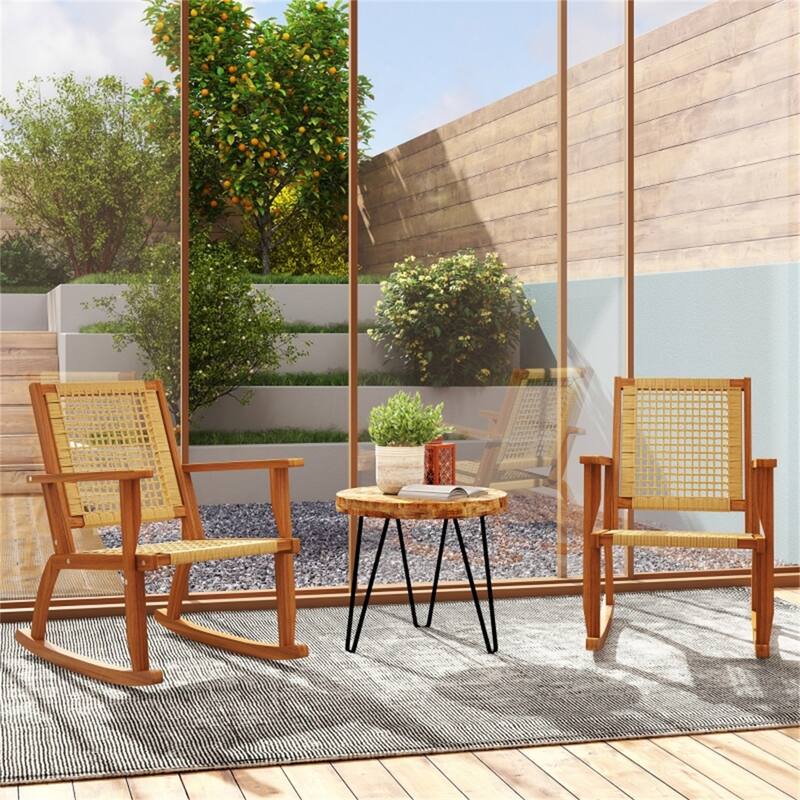 Khaki Acacia Wood PE Wicker Rocking Chairs Set of 2 with Foot Pads - 24" W x 33.5" D x 35.4" H
