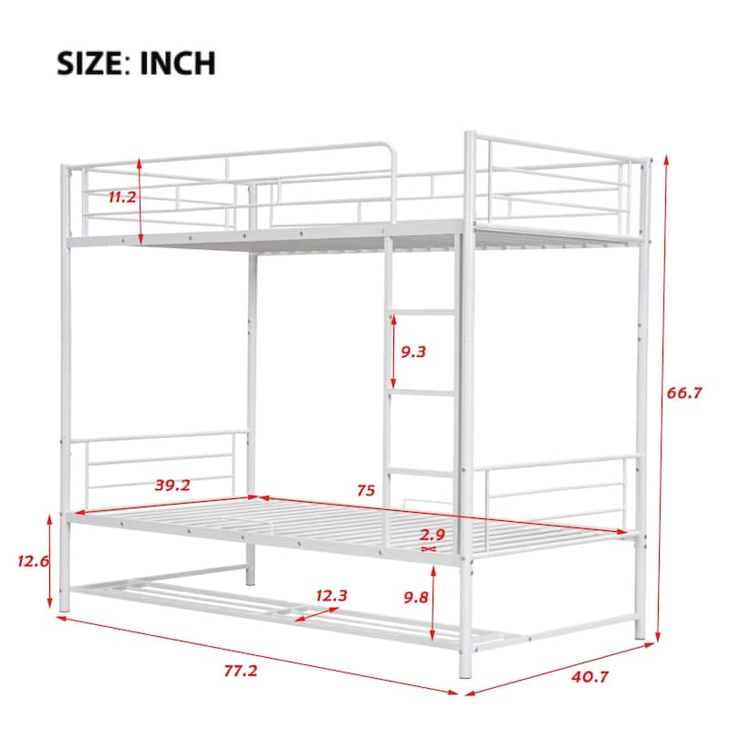 Twin Over Twin Metal Bunk Bed with Shelf & Guardrails