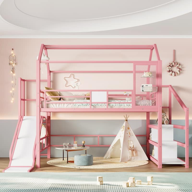 Full House Loft bed with Slide and Stairs, Metal Playhouse Bed with Storage Shelves, House-shaped Roof and Noise-free Design