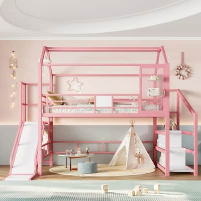 Fun Play House-shaped Loft Bed Metal Bed Frame with Grid and Shelves