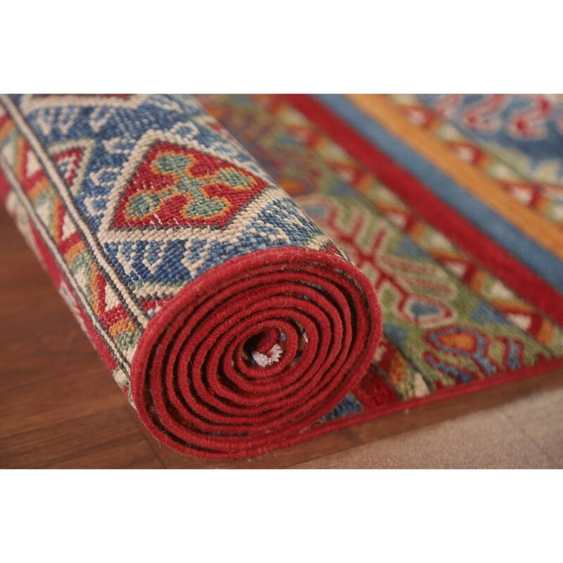 Hand Knotted Oriental 100% Wool Carpet Traditional All-Over Multi-Colored Kazak Runner Rug - 13' 11'' X 2' 6''