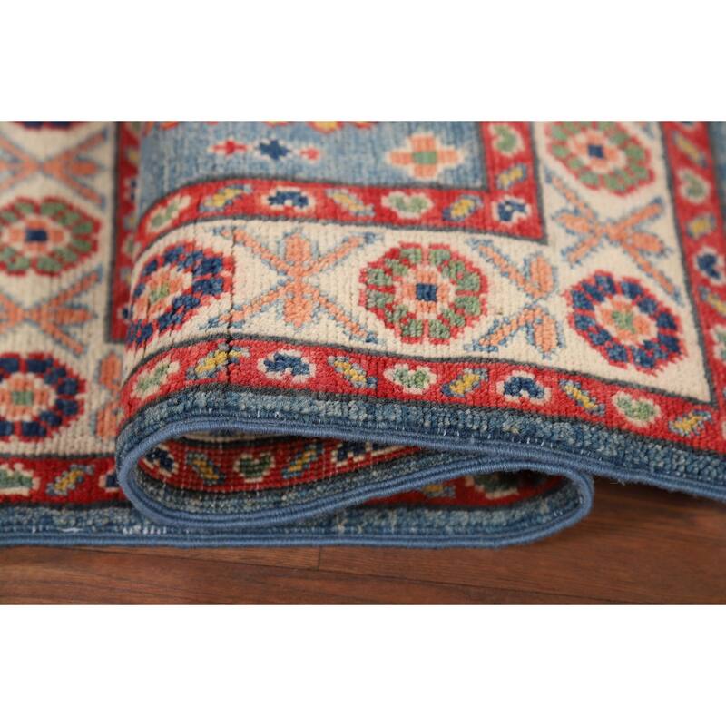 Hand Knotted Oriental 100% Wool Carpet Traditional Geometric Navy Blue & Blues Kazak Area Rug - 3' 0'' X 2' 0''