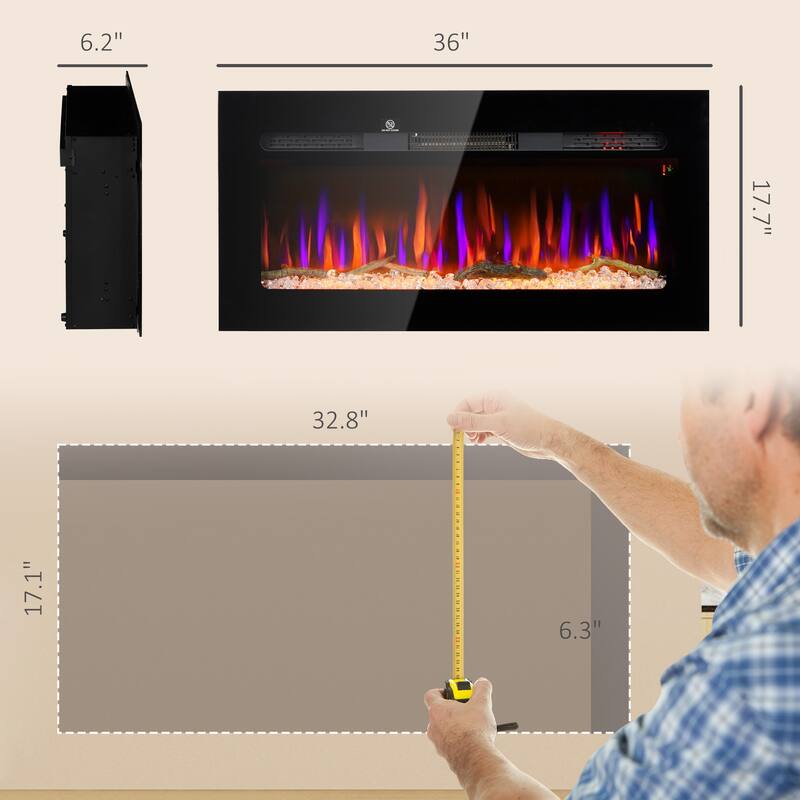 Modern Electric Fireplace for Wall Mounting with Adjustable Flame Colors and 1500W Heating Power - 36" W x 6.2" D x 17.7" H