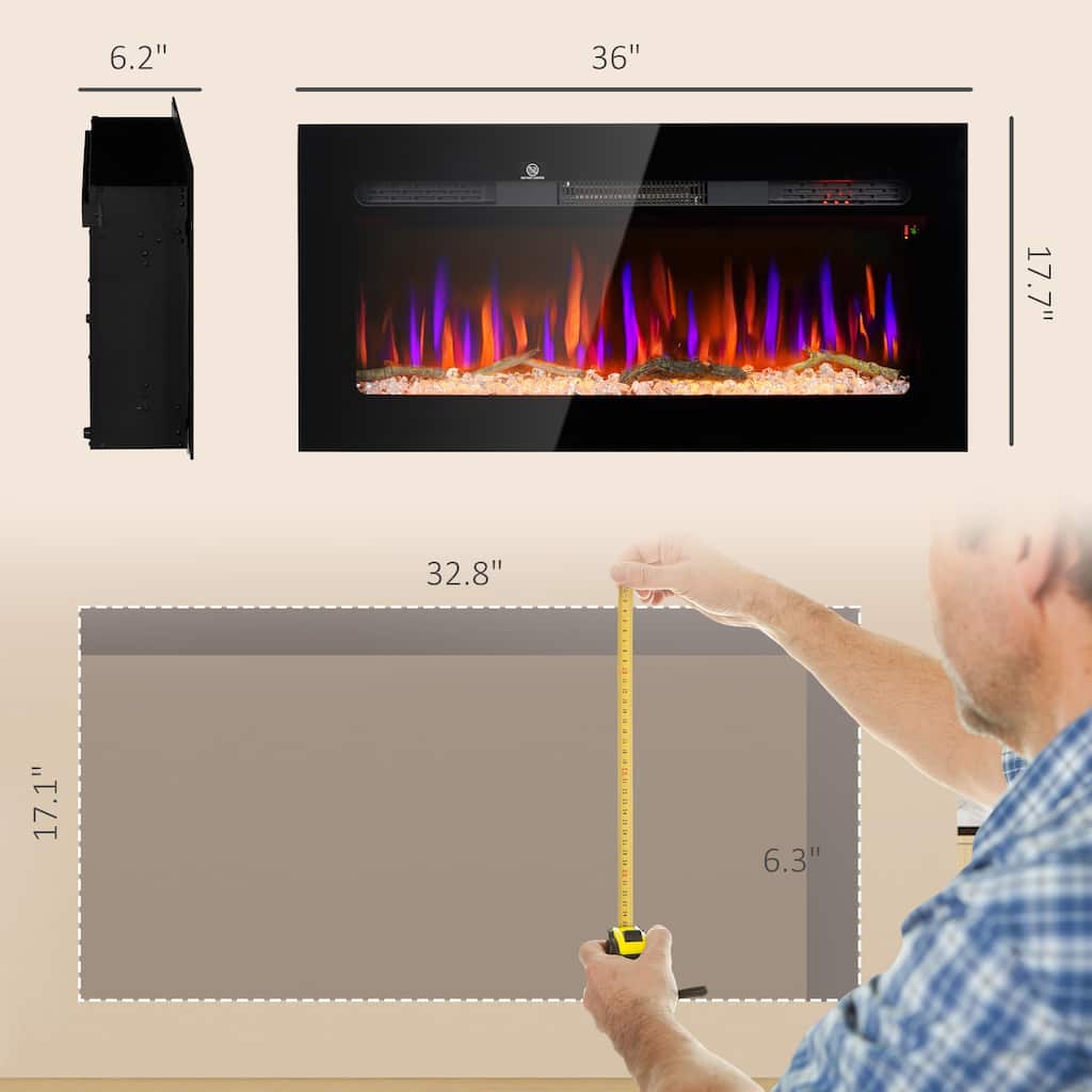 Modern Electric Fireplace for Wall Mounting with Adjustable Flame Colors and 1500W Heating Power - 36" W x 6.2" D x 17.7" H