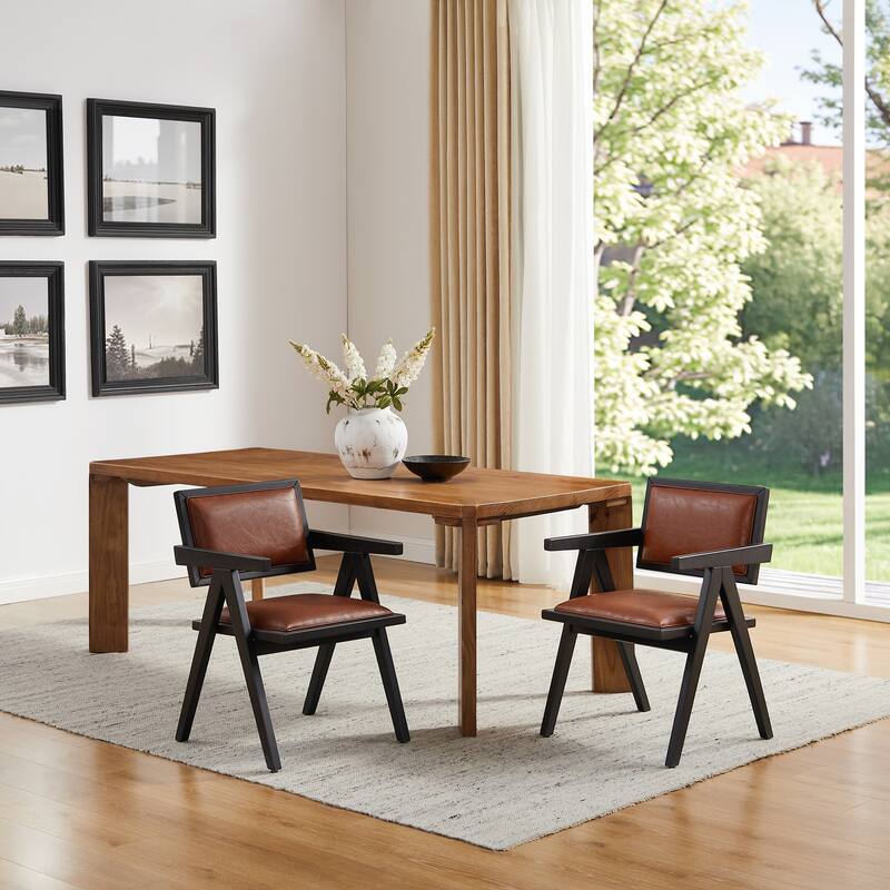 Art Leon Set of 2 Wood and Upholstered Accent Dining Chair with Wooden Armrest