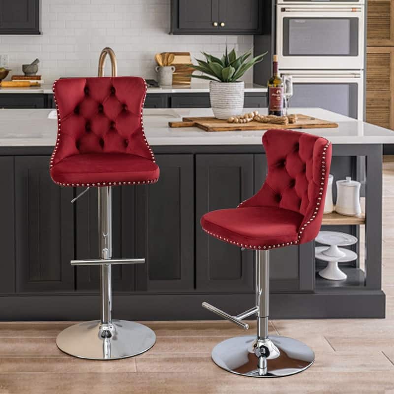 Velvet Upholstered Nailheads Tufted Swivel Bar Stools (Set of 2)