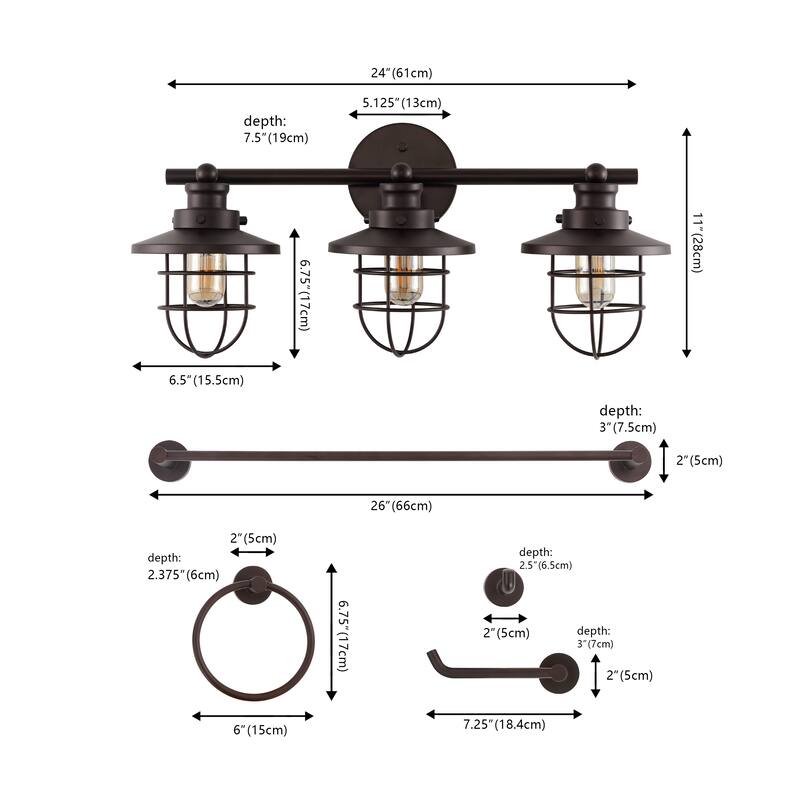 Hollis 24" 3-Light Industrial Farmhouse Vanity Light with Bathroom Hardware Accessory Set, (5-Piece) by JONATHAN Y