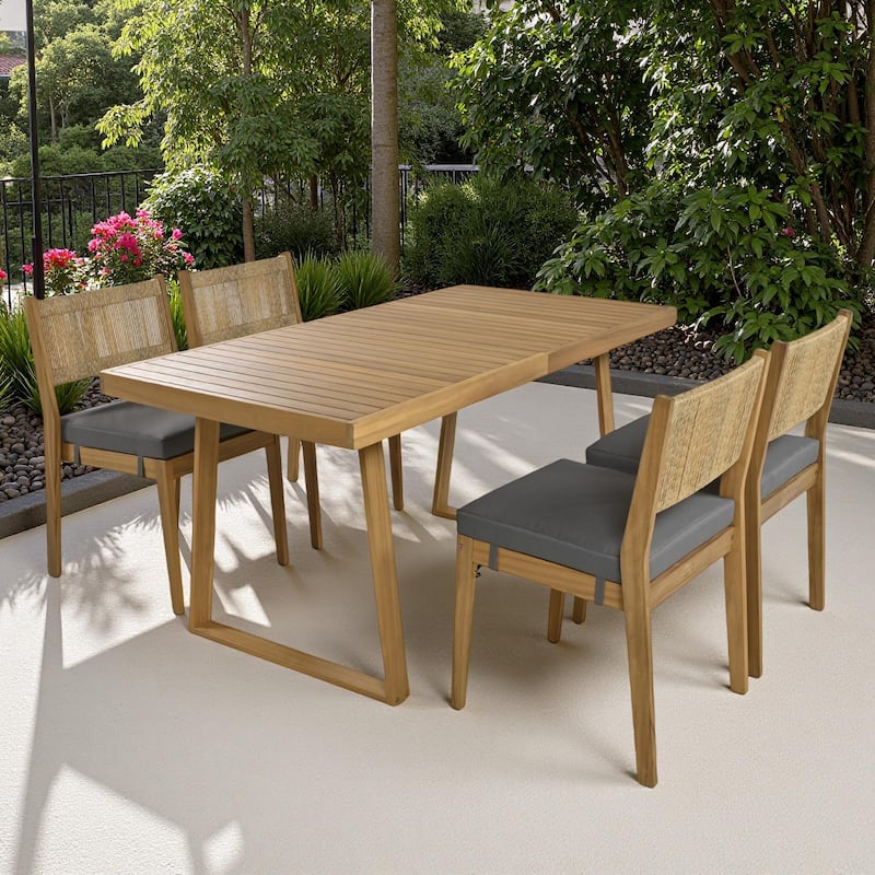 5-Piece Outdoor Patio Acacia Wood Dining Set with Rectangular Table and 4 Cushioned Chairs - Gray