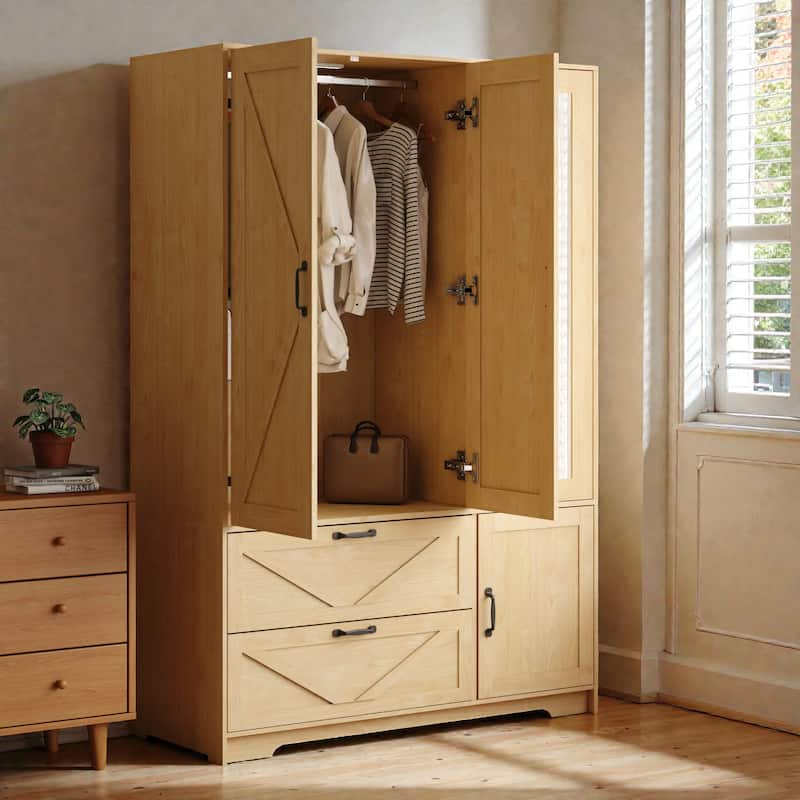 4 Door Wardrobe Closet with Mirror and LED Light, Wooden Storage Cabinet with 2 Drawers, Hanging Rod and Shelves