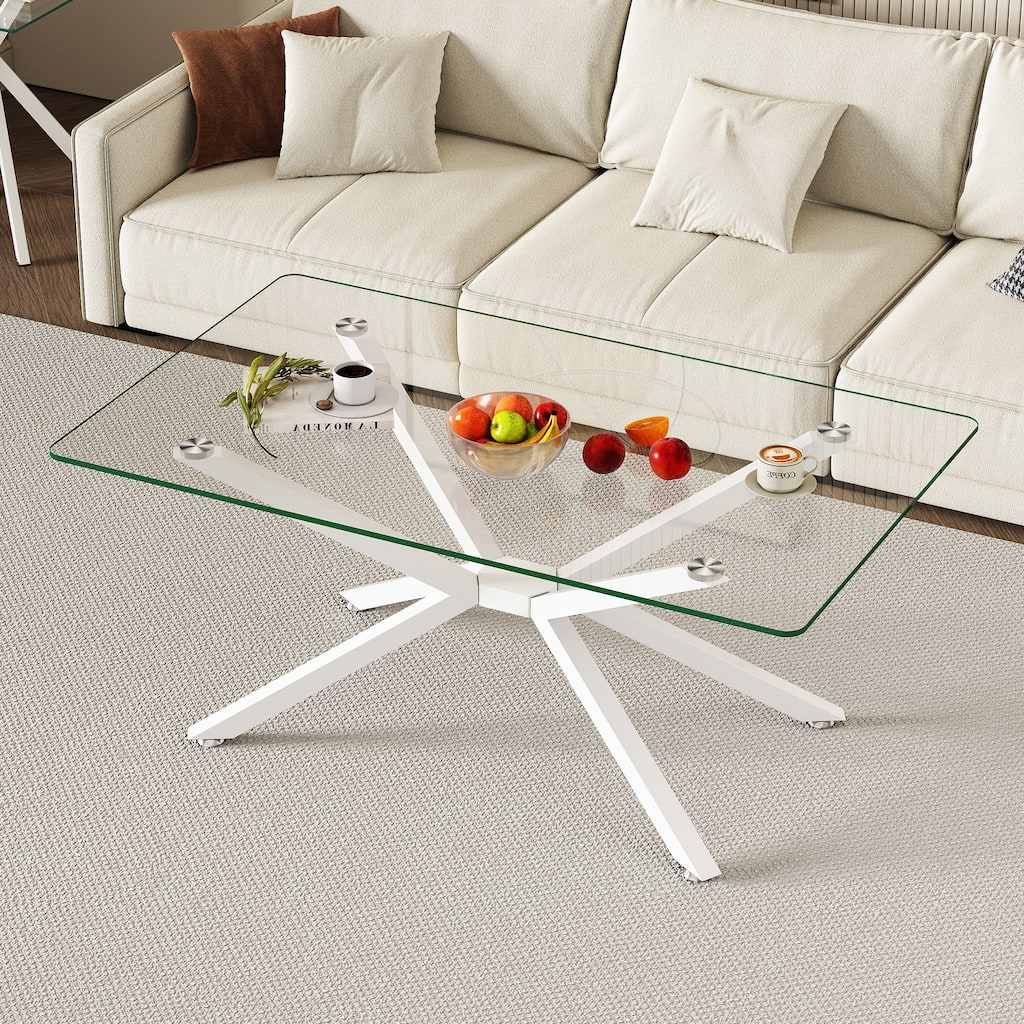 39.37" Rectangle Clear Glass Glass Coffee Table,Stylish Design with White Metal Legs, Coffee Table for Living Room