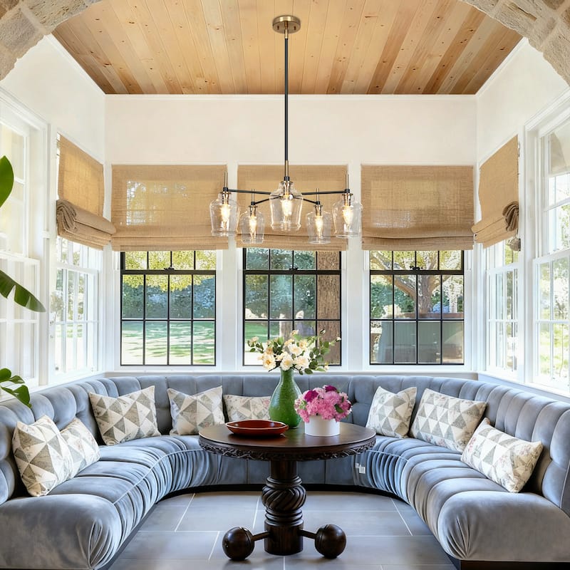 Mid-Century Modern 5-Light Glass Chandelier Black Gold Pendant Lights for Dining Room